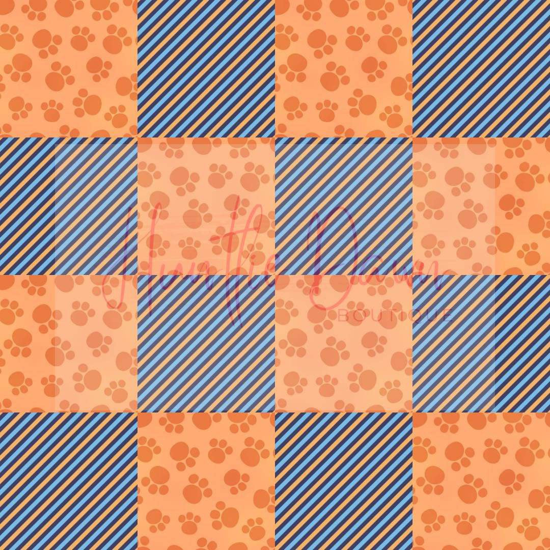 Blue & orange paw print checkers
